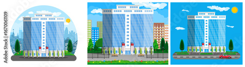 Set of three modern buildings with flat, tall facades and green landscapes. Skyscraper for business or government.
