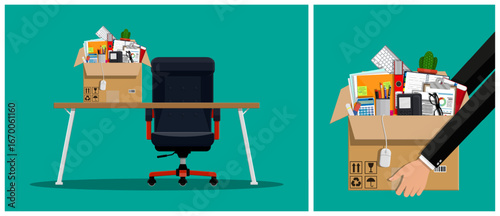 Cardboard box with office belongings and a desk chair. Job change, new work or employment concept. Business relocation.
