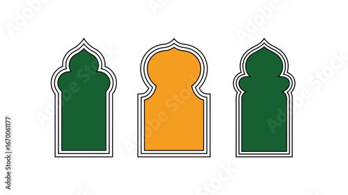 Green and Golden Moroccan Arches: Decorative Islamic Windows for Ramadan and Eid Greetings, Featuring Traditional Architectural Design and Cultural Significance