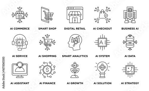 Line vector icon set for AICommerce, the fusion of artificial intelligence and e commerce. Features smart shopping, AI checkout, chatbot service, and customer analytics. Perfect for retail and startup