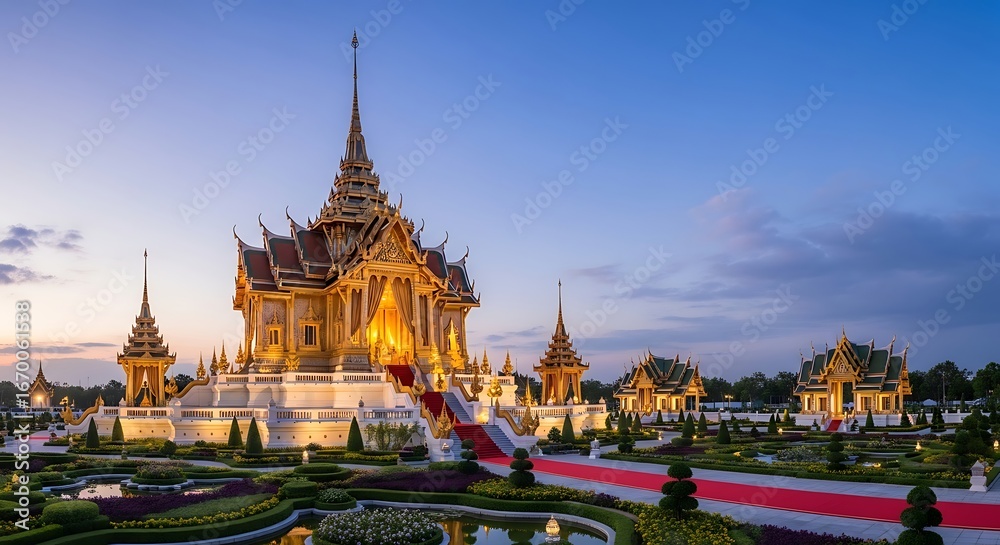 Fototapeta premium Golden Temple at Dusk - A Majestic Thai Architectural Marvel.