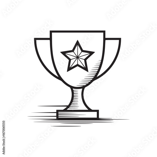 Illustration of a trophy with a star emblem in black and white simple design for achievement icon