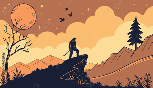 Black silhouette of a lone wolf howling at the orange sunset in a natural forest landscapeBlack silhouette of a lone wolf howling at the orange sunset in a natural forest landscape