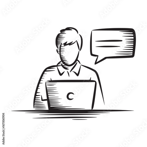 Illustration of a person using a laptop with a speech bubble in black and white line art style