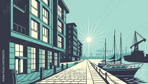 Sunny waterfront promenade with boats and buildings illustration