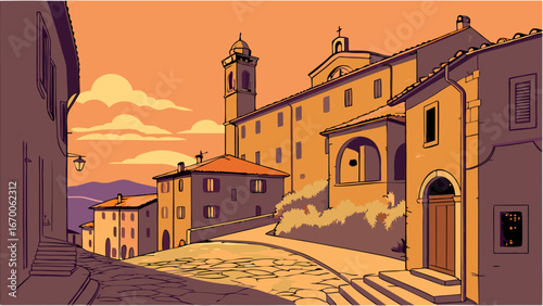 Sunset View of a Charming European Village Street with Church