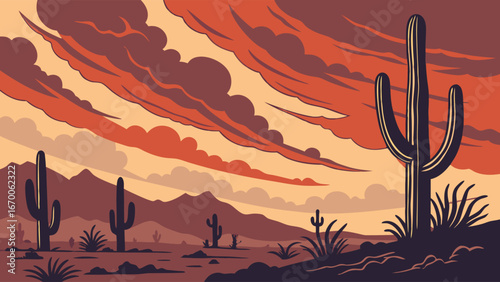 Desert landscape at sunset with cacti and mountains.