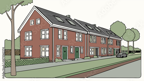 Townhouses, Suburban Street Scene, Residential Area, Architectural Illustration, Family Homes, Property, Real Estat
