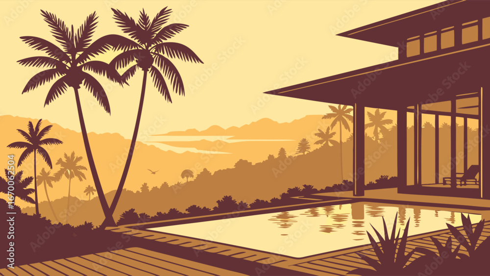 Fototapeta premium Tropical Villa with Pool and Ocean View, Sunset Silhouette Illustration