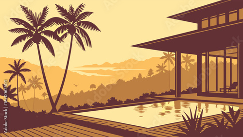 Tropical Villa with Pool and Ocean View, Sunset Silhouette Illustration