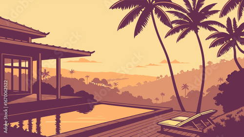 Tropical Villa Sunset Poolside Relaxation Luxury Vacation Home Illustration