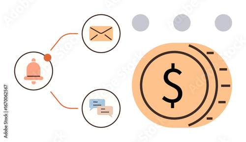 Bell, message, and email notifications connected to a coin with a dollar symbol. Ideal for finance, savings, communication, alerts, budgeting fintech and organization themes. Simple flat metaphor