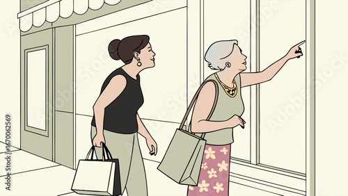 Two women shopping, looking at a storefront window, retail, city street, shopping bags.