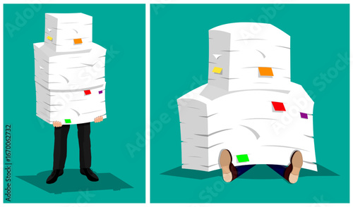 Man standing and sitting with body covered in stack of paper. Bureaucracy and overload concept for business presentation.
