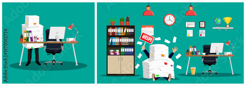 A man overwhelmed by office work and document in a flat style. Bureaucracy and stress from paperwork concept.