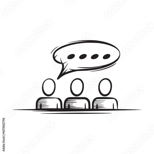 Three stylized figures with a speech bubble containing ellipsis dots above them in black and white