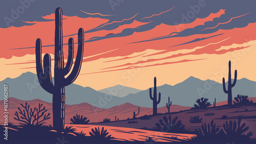 Desert Landscape at Sunset Cactus Silhouette Mountain Range Scenic Vista Arid Climate Illustration.