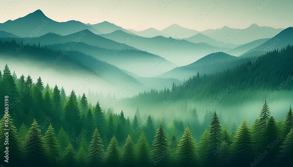 Fototapeta premium a misty green mountain range with a forest of pine trees in the foreground