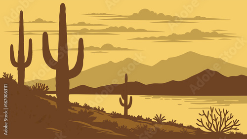 Desert landscape with cacti and mountains at sunset arid scenery illustration nature background panoramic view.