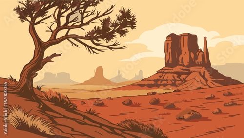 Desert landscape with a lone tree and majestic rock formations under a warm sunset sky.
