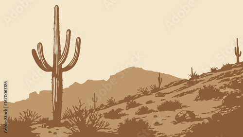 Desert landscape with cacti and mountains arid scenery southwestern illustration nature background desert panorama vintage style western theme dry climate hot environment botanical illustration cactu.