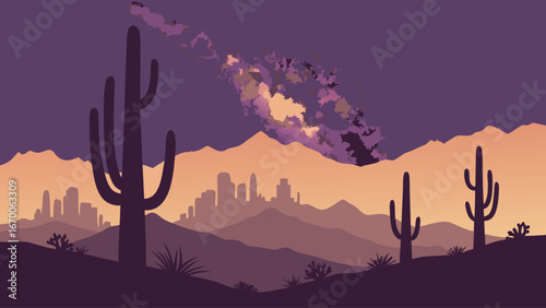 Desert landscape with city skyline at sunset cacti and mountains silhouette illustration.