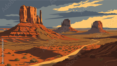 Desert landscape with rock formations and winding road at sunset scenic view arid scenery travel poster design.
