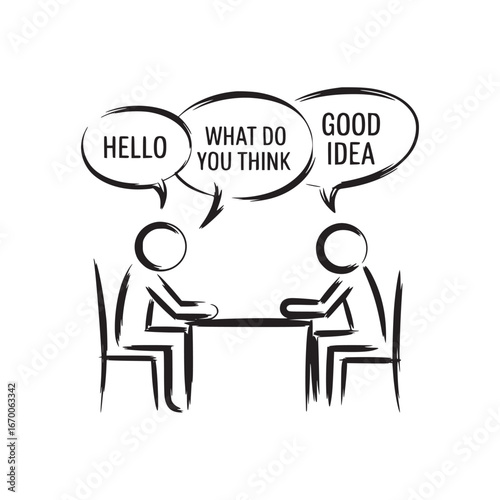 Two stick figures conversing at a table with speech bubbles hello what do you think and good idea above them