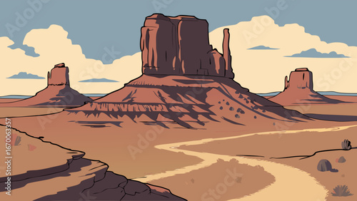 Desert Landscape with Rock Formations and Winding Road Southwestern USA Style Illustration.