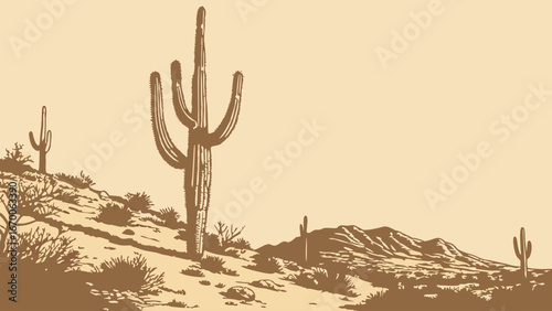 Desert Landscape with Saguaro Cacti Mountains and Sand Dunes - Vintage Style Illustration.