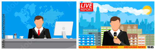 Man television reporter broadcasts live from city against breaking news background. News anchor on desk with world map.