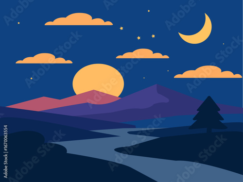 The picture shows a beautiful night landscape filled with calmness and charm. In the sky, the moon shines brightly along with several small stars that look like diamonds scattered across the dark blue