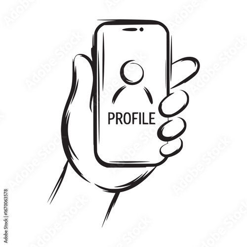 Hand holding a smartphone displaying a profile icon and the word profile in black and white sketch