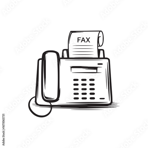 A black and white drawing of a fax machine with paper sticking out of the top with the word fax