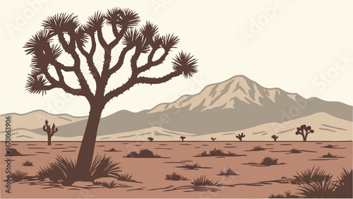 Desert landscape with Yucca tree and mountains in the background.