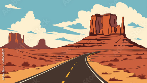 Desert Road Trip Scenic Highway Winding Through Arid Landscape with Sandstone Formations Under a Blue Sky.