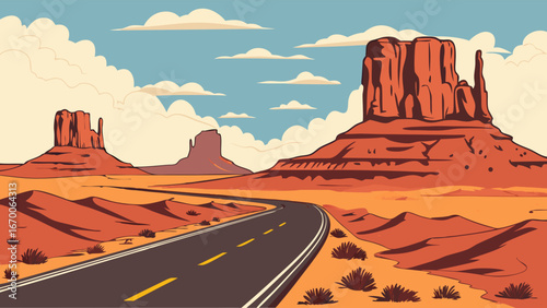 Desert Road Trip Scenic Highway Winding Through Dramatic Red Rock Formations Under a Blue Sky with Clouds.