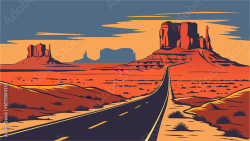 Desert Road Trip Scenic Highway Through Arid Landscape with Rock Formations at Sunset.
