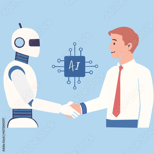 Machine vs human. AI robot and man facing each other. Concept of artificial intelligence  
Man shakes hands with robot as sign of friendship between humans and artificial intelligence AI. Concept 
