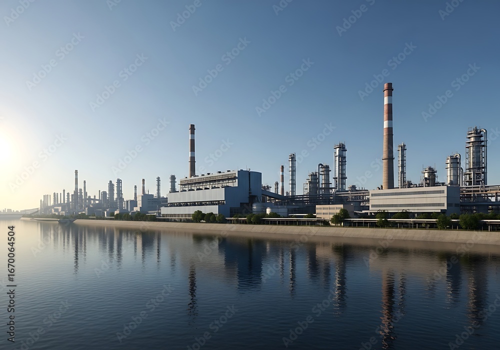 Naklejka premium A vast industrial complex, a refinery or power plant, stands along a calm riverbank, showcasing numerous tall structures and reflecting on the tranquil water surface.