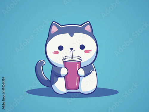Beautiful Illustration Of Cute Cartoon Cat Isolated On Colored Background