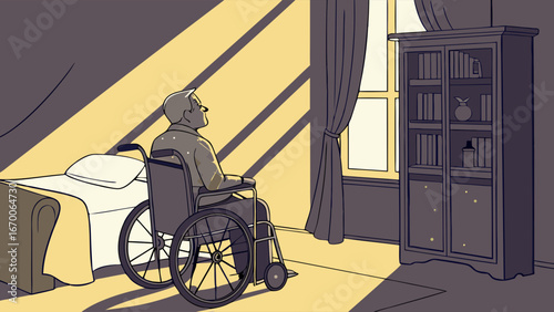Elderly Person in Wheelchair Sunlight Streaming Through Window Bedroom Interior Illustration.