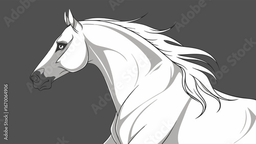 Elegant White Horse Profile Vector Illustration Equine Art Gray Background Animal Portrait.