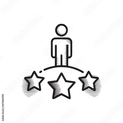 A minimalist line art illustration of a person standing above three stars on a white background design