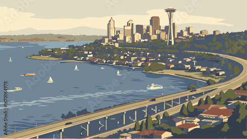 Elevated Cityscape View with Bridge and Waterway Vintage Style Illustration.