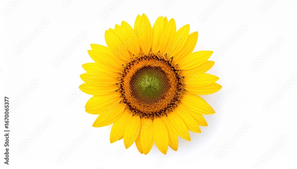 Fototapeta premium Close-up of a vibrant yellow sunflower with detailed petals and center, isolated on a white background.
