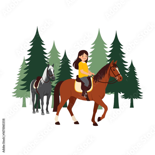 Pixel Art of Woman Riding a Brown Horse Through a Forest of Tall Green Pine Trees with Another Horse Following Behind
