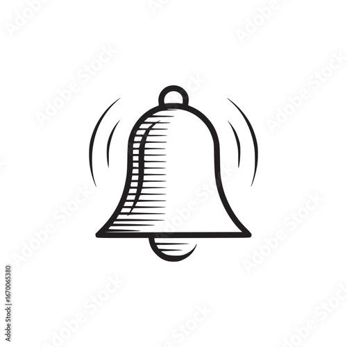 A black and white illustration of a bell with sound waves emanating from it on a white background