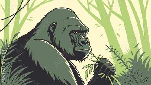 Gorilla in Jungle Wildlife Illustration Tropical Forest Animal Ape Portrait Nature Scene.