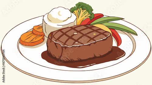 Grilled Steak Dinner Plate with Vegetables and Sauce Illustration.